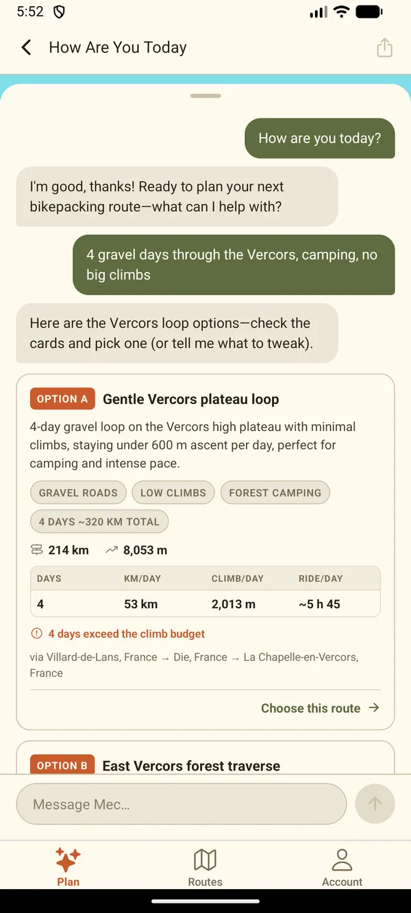 The app's chat with Mec: the rider asks for '4 gravel days through the Vercors, camping, no big climbs', Mec replies with Vercors loop options, and the first option card, 'Gentle Vercors plateau loop', shows 214 km with a per-day table and a warning that 4 days exceed the climb budget.