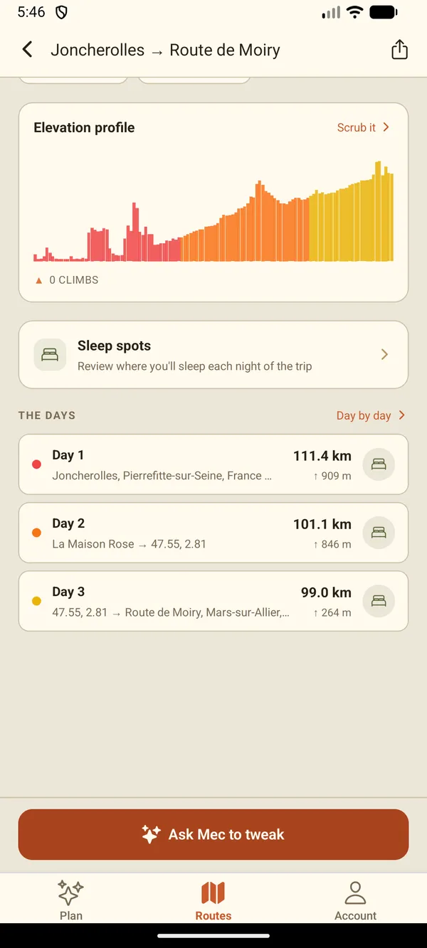 The route screen scrolled to the days: an elevation profile, a Sleep spots card to review where you sleep each night, and three day rows — 111.4 km, 101.1 km and 99.0 km — each with its climbing.
