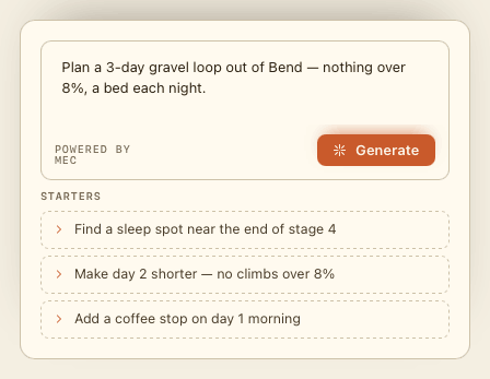 Mec, the route partner: a typed request to plan a 3-day gravel loop out of Bend, with quick-start suggestions below.