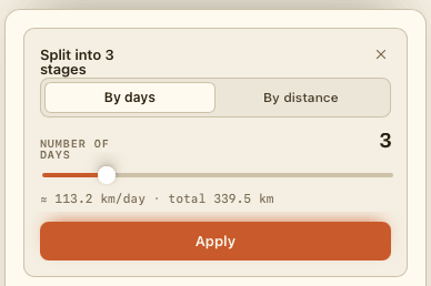 The stage splitter: a By days / By distance toggle and a slider set to 3 days, ≈113 km per day across a 339.5 km route.